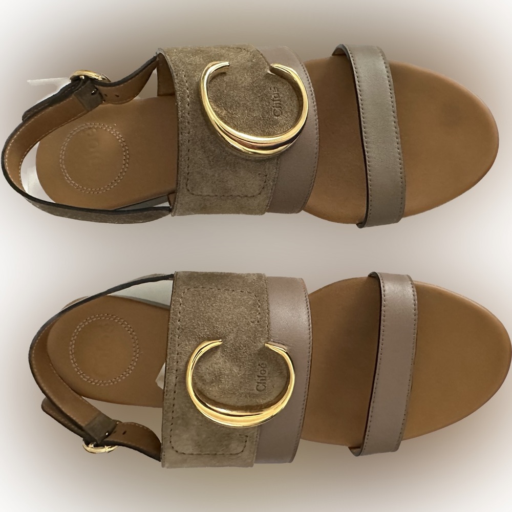 Chloe Gold C Slingback Leather & Suede Flat Sandals Motty Grey Sz. 38.5